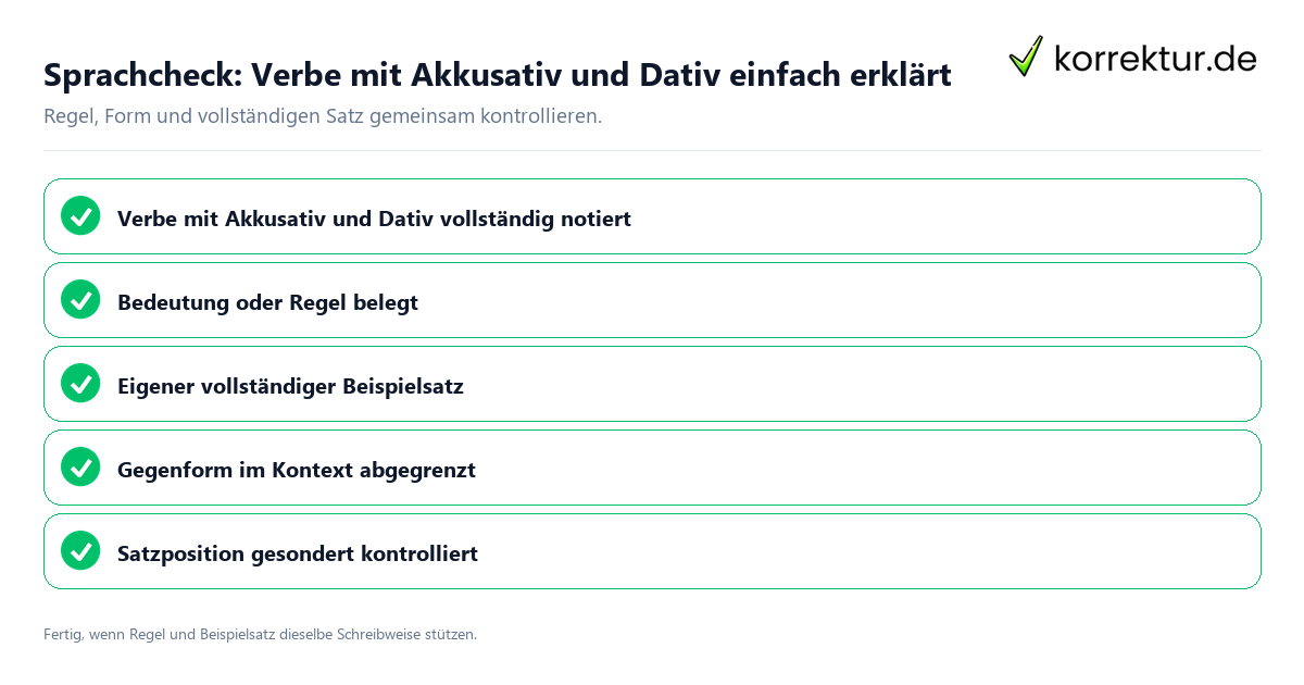 Konkreter Sprachcheck zu Verbe mit Akkusativ und Dativ einfach erklärt mit Regel und vollständigem Beispielsatz