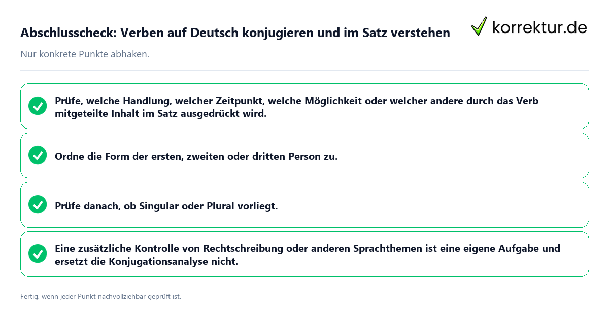 Konkreter Abschlusscheck zu Verben auf Deutsch konjugieren und im Satz verstehen