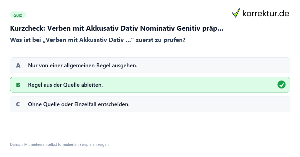 Verben mit Akkusativ Dativ Nominativ Genitiv präpositionalergänzun einfach erklärt mit einem Kurzquiz zum sinnvollen nächsten Schritt