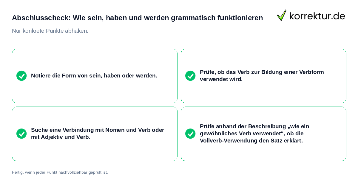 Konkreter Abschlusscheck zu Wie sein, haben und werden grammatisch funktionieren