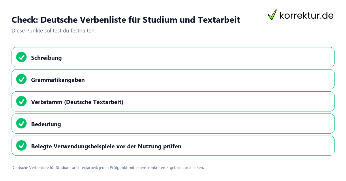 Deutsche Verbenliste für Studium und Textarbeit mit einer themenspezifischen Checkliste
