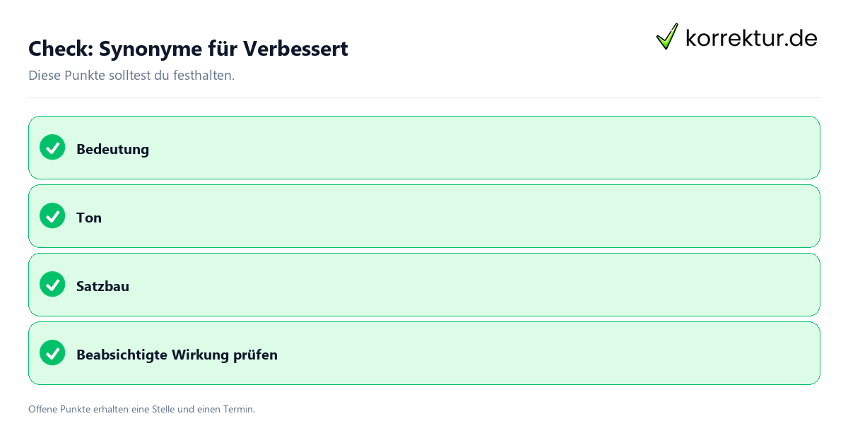 Synonyme für Verbessert mit Checkliste für Unterlagen und nächste Schritte