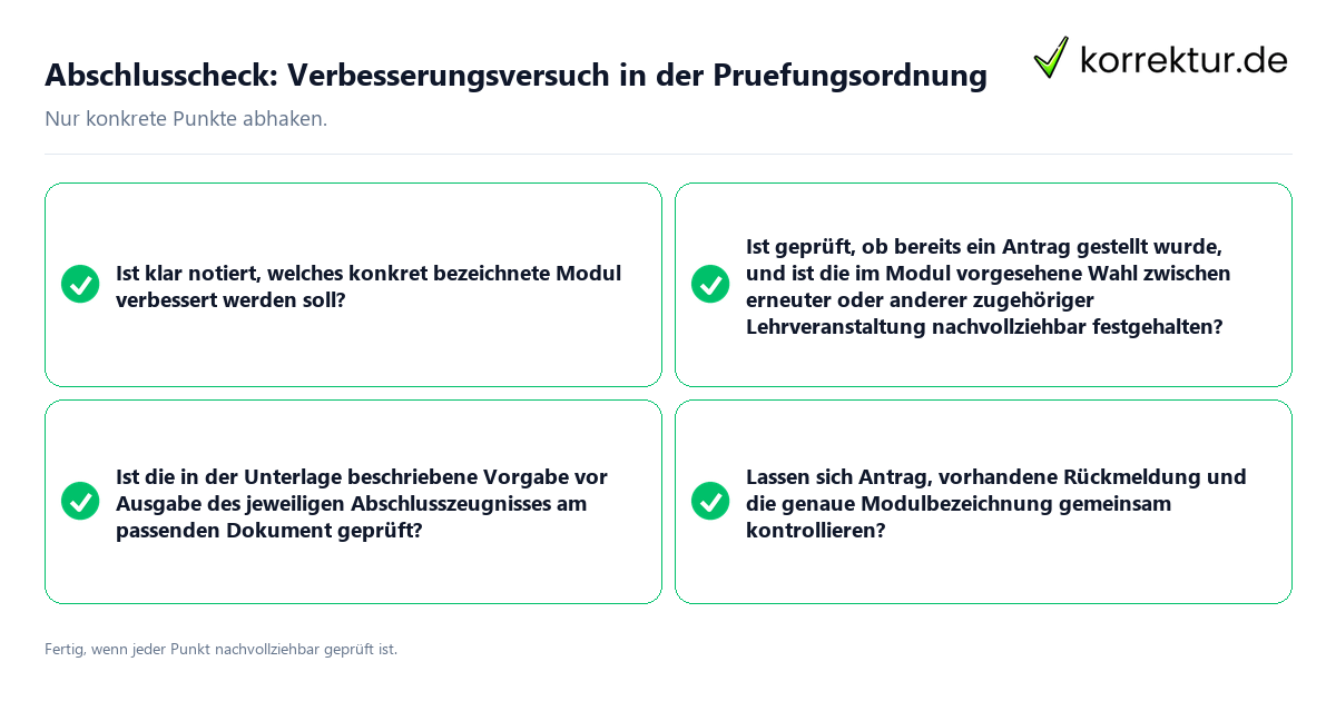 Konkreter Abschlusscheck zu Verbesserungsversuch in der Prüfungsordnung