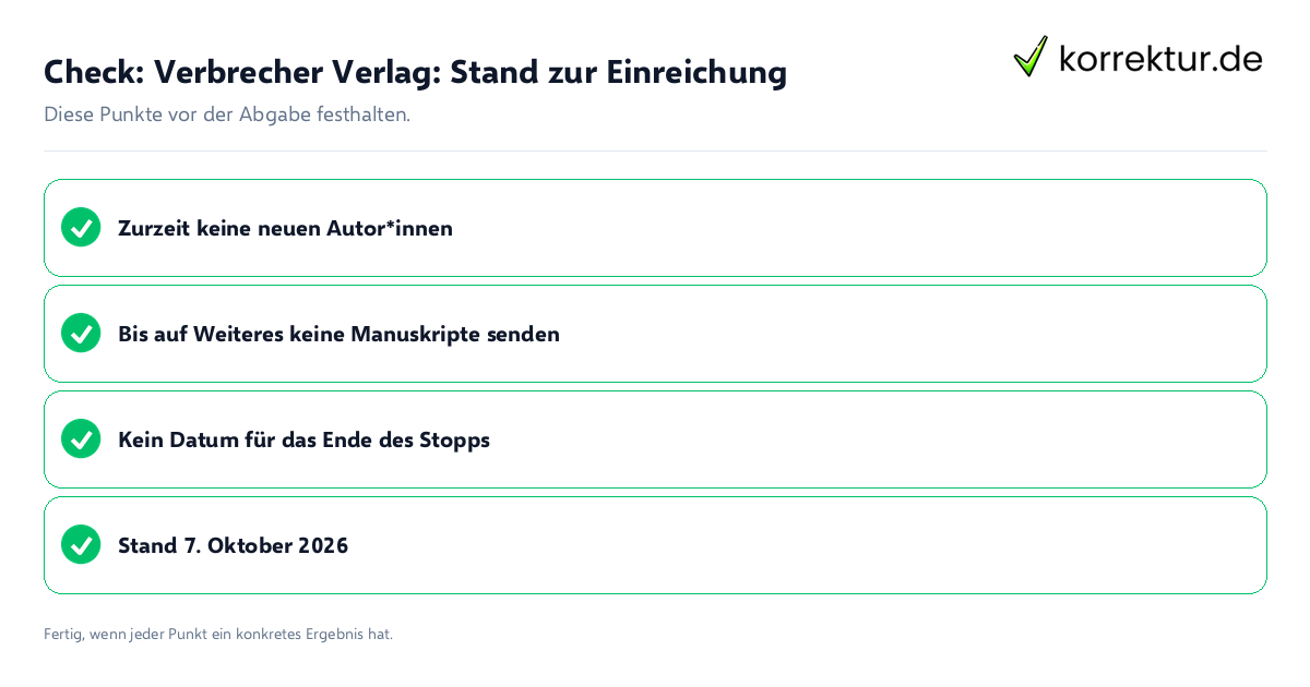 Verbrecher Verlag: Stand zur Einreichung: Prüfliste mit vier Punkten