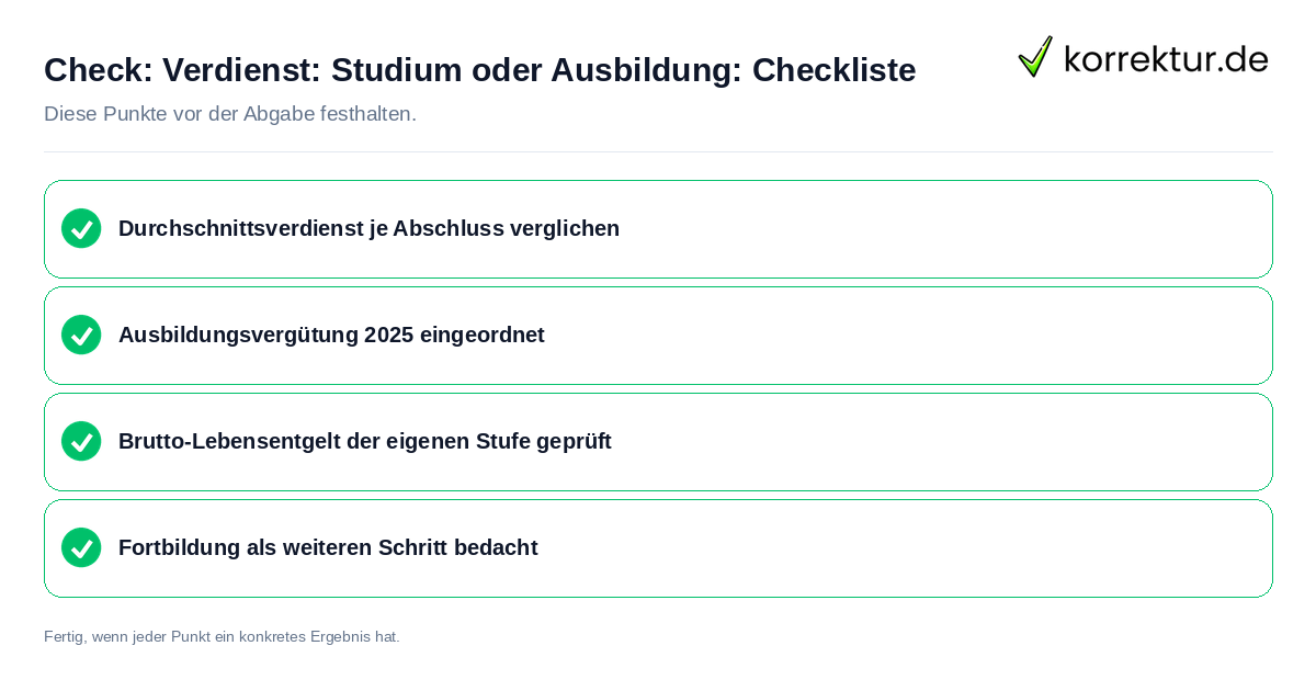 Verdienst: Studium oder Ausbildung: Checkliste: Prüfliste mit vier Punkten