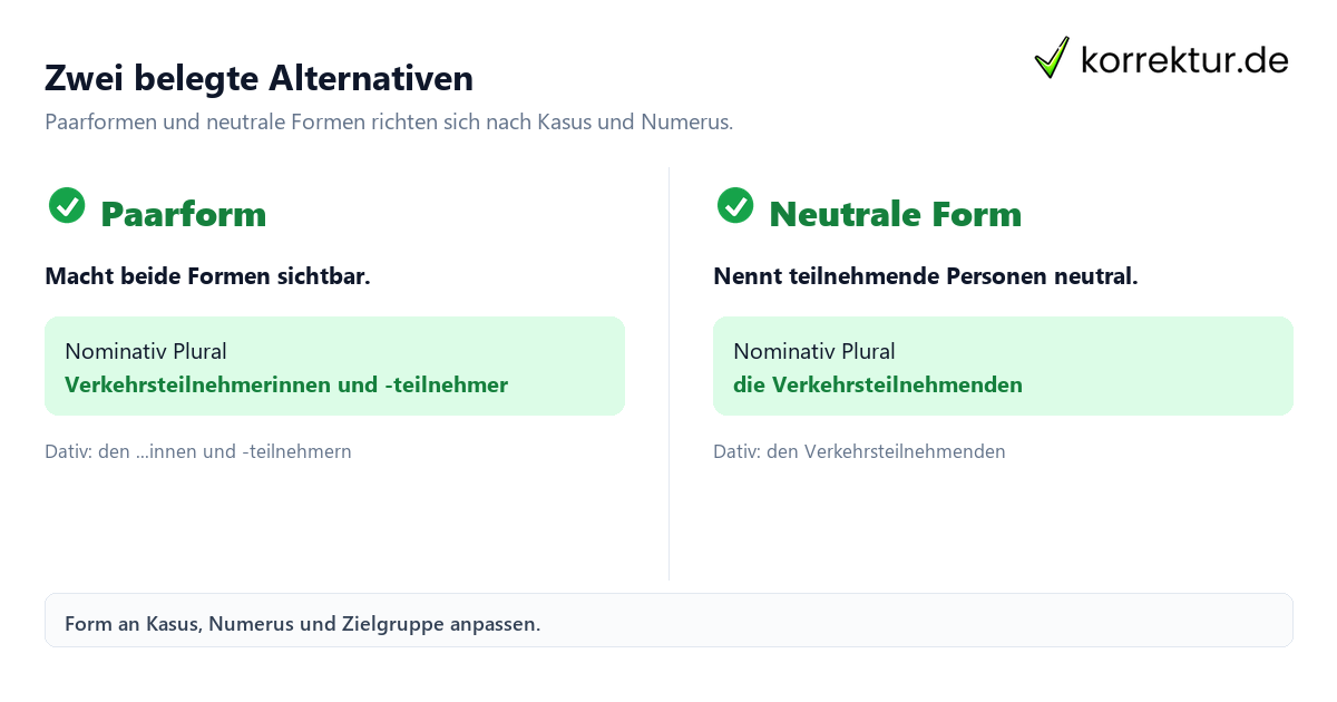 Zwei belegte Alternativen Verkehrsteilnehmer gendergerecht und korrekt verwenden: Paarform und neutrale Form