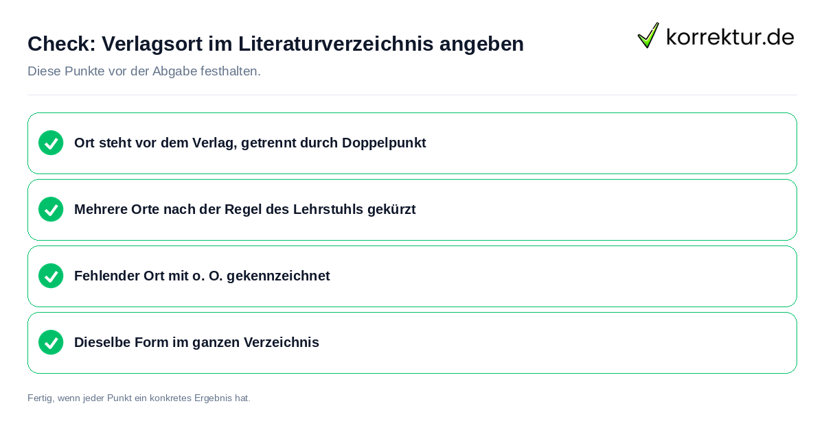 Verlagsort im Literaturverzeichnis angeben: Prüfliste mit vier Punkten
