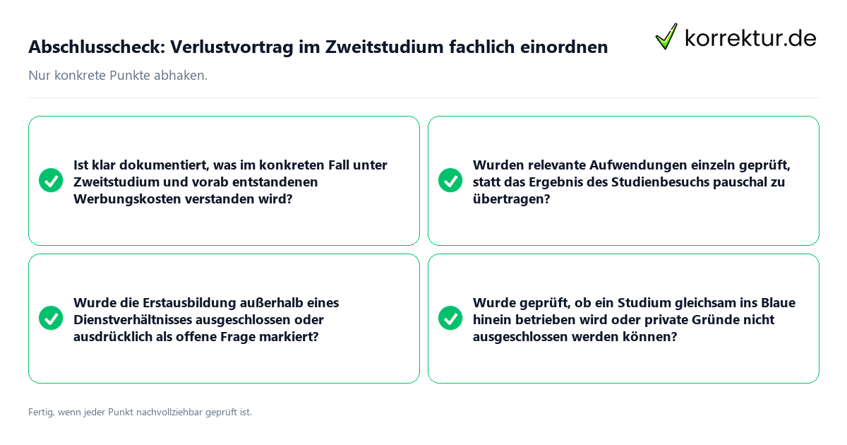 Konkreter Abschlusscheck zu Verlustvortrag im Zweitstudium fachlich einordnen