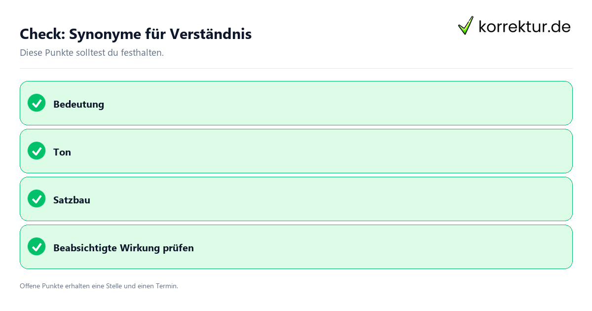 Synonyme für Verständnis mit Checkliste für Unterlagen und nächste Schritte