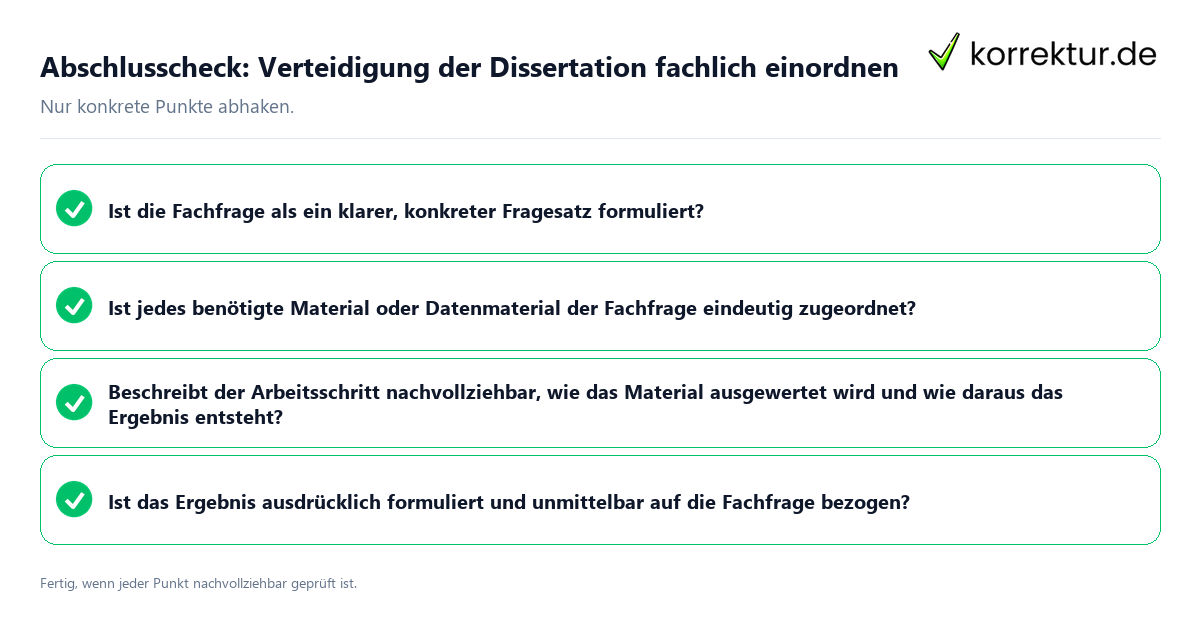 Konkreter Abschlusscheck zu Verteidigung der Dissertation fachlich einordnen