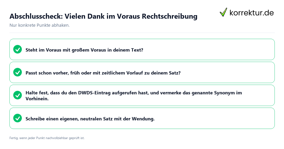 Abschlusscheck: Vielen Dank im Voraus Rechtschreibung Konkreter Abschlusscheck zu Vielen Dank im Voraus Rechtschreibung
