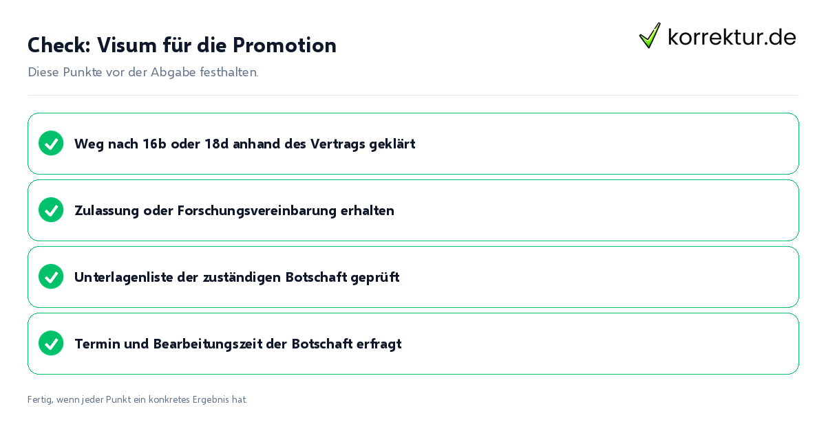 Visum für die Promotion: Prüfliste mit vier Punkten