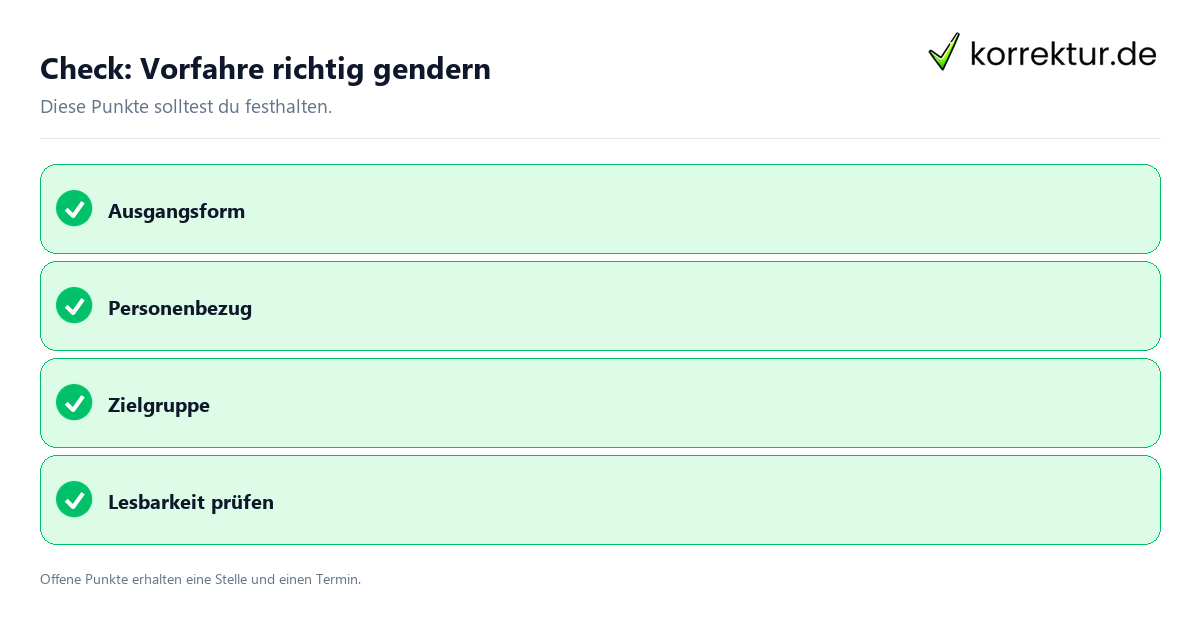 Vorfahre richtig gendern mit Checkliste für Unterlagen und nächste Schritte