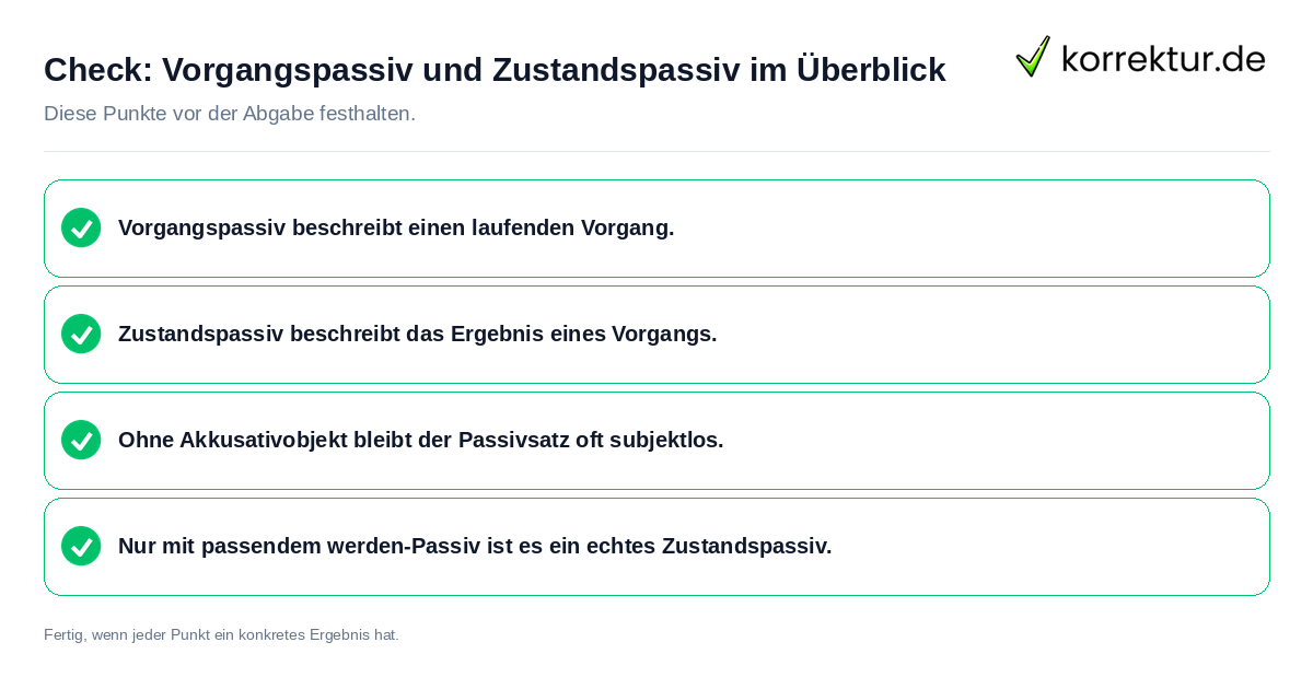 Check: Vorgangspassiv und Zustandspassiv im Überblick Vorgangspassiv und Zustandspassiv im Überblick: Prüfliste mit vier Punkten