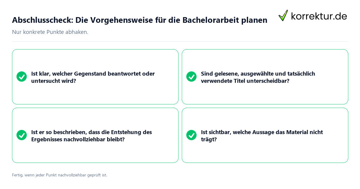 Konkreter Abschlusscheck zu Die Vorgehensweise für die Bachelorarbeit planen