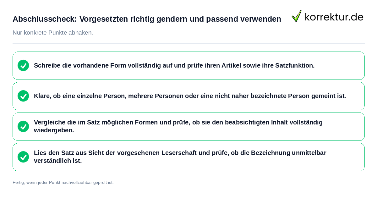 Konkreter Abschlusscheck zu Vorgesetzten richtig gendern und passend verwenden