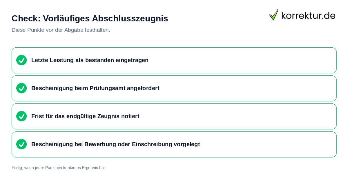 Vorläufiges Abschlusszeugnis: Prüfliste mit vier Punkten