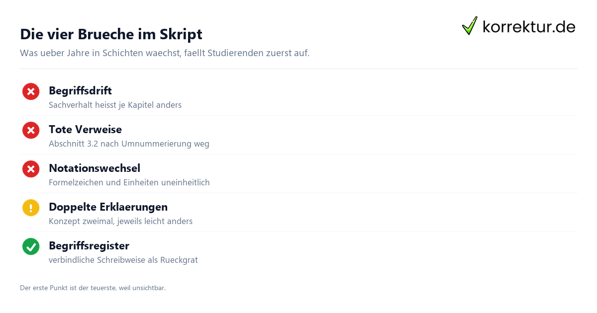 Vorlesungsskript erstellen und über Semester pflegen, vier typische Brueche