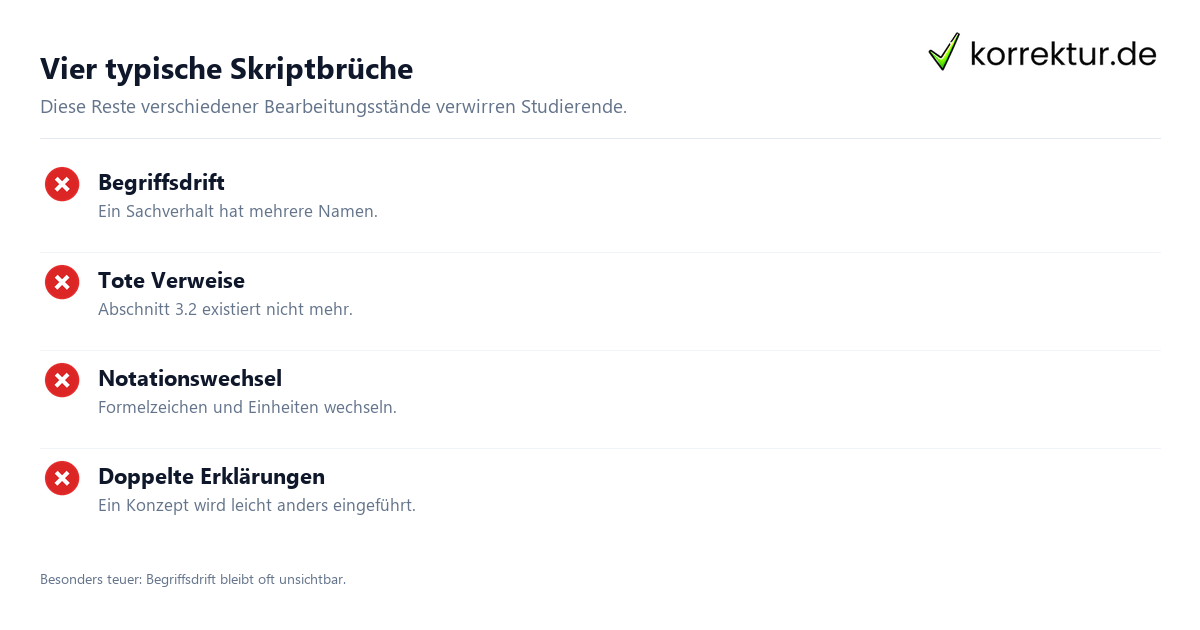 Vorlesungsskript erstellen und über Semester pflegen, typische Brüche erkennen