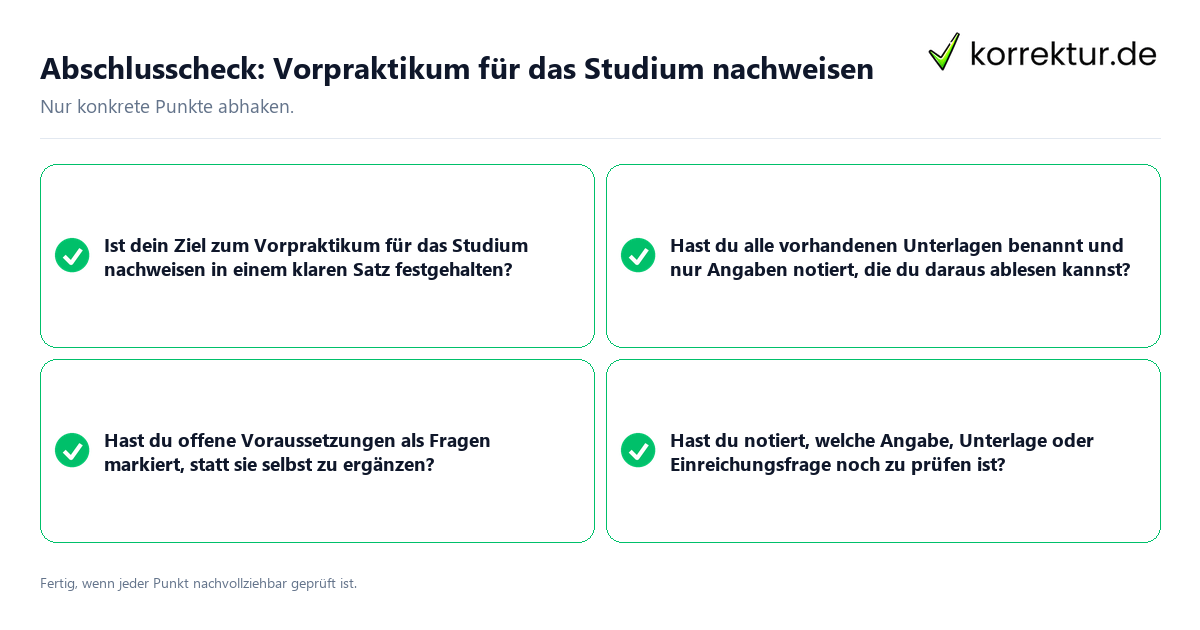 Konkreter Abschlusscheck zu Vorpraktikum für das Studium nachweisen
