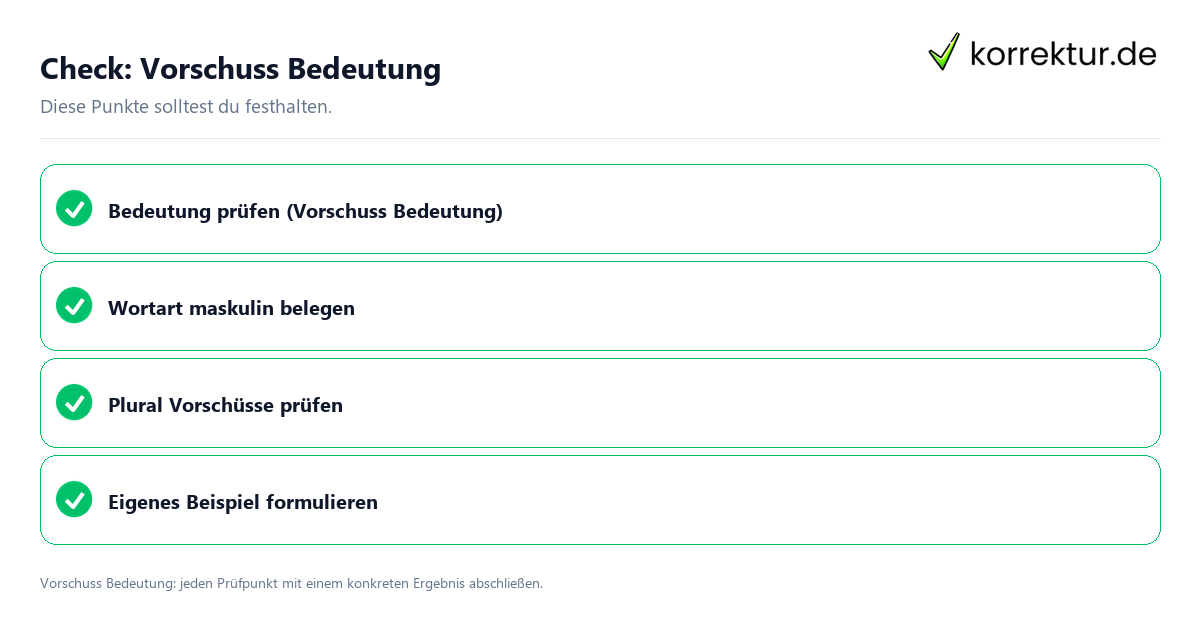 Vorschuss Bedeutung mit einer themenspezifischen Checkliste