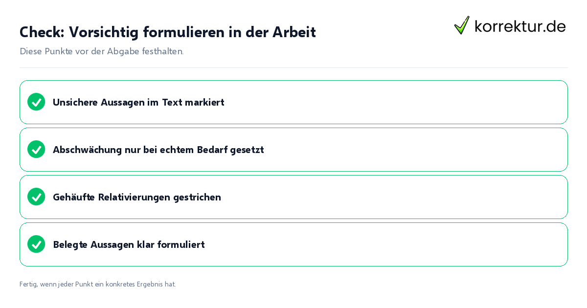 Check: Vorsichtig formulieren in der Arbeit Vorsichtig formulieren in der Arbeit: Prüfliste mit vier Punkten