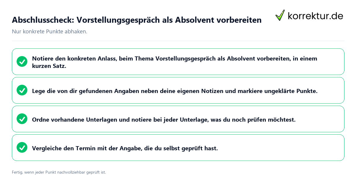 Konkreter Abschlusscheck zu Vorstellungsgespräch als Absolvent vorbereiten