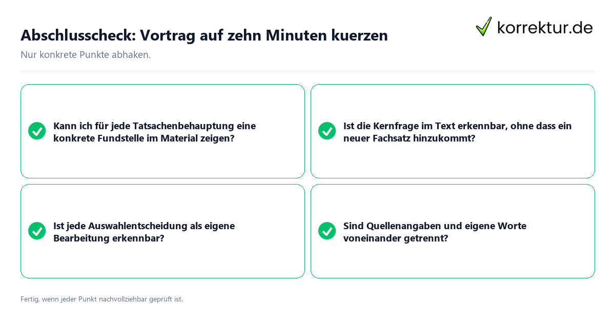 Konkreter Abschlusscheck zu Vortrag auf zehn Minuten kuerzen