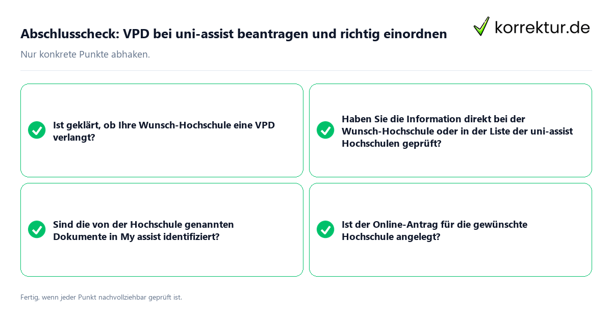 Konkreter Abschlusscheck zu VPD bei uni-assist beantragen und richtig einordnen