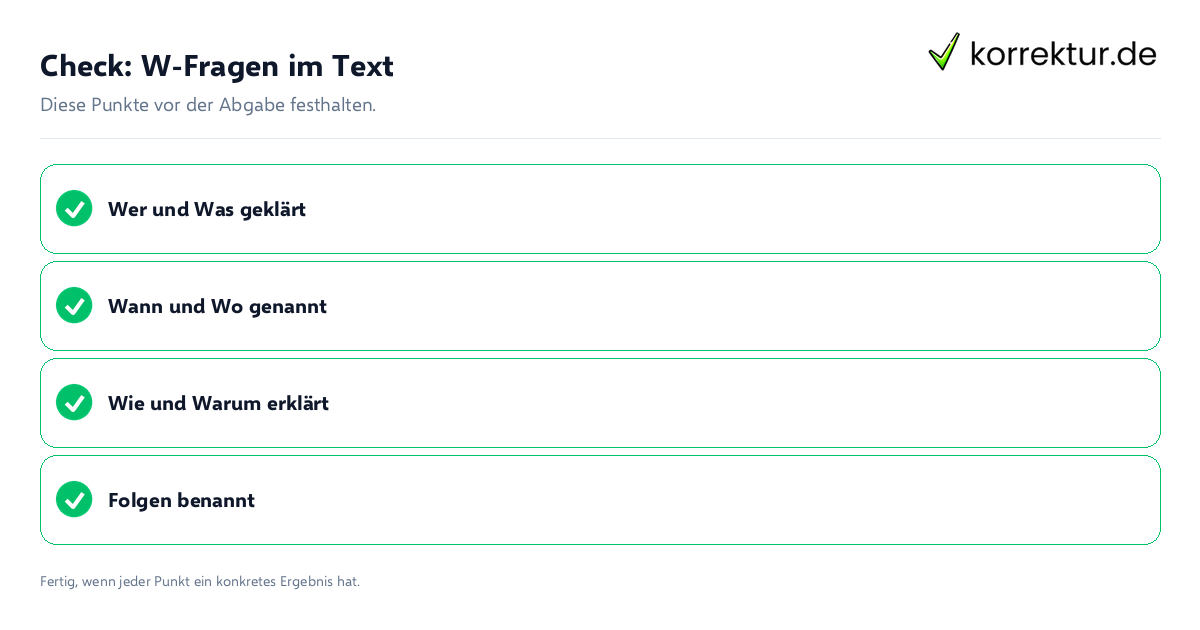 Check: W-Fragen im Text W-Fragen im Text: Prüfliste mit vier Punkten