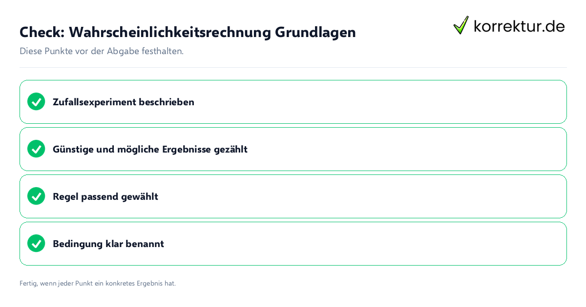Check: Wahrscheinlichkeitsrechnung Grundlagen Wahrscheinlichkeitsrechnung Grundlagen: Prüfliste mit vier Punkten