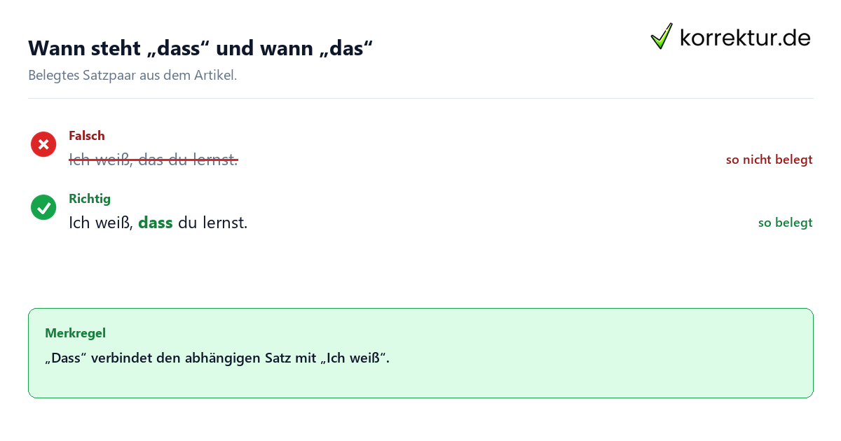 Falsches und richtiges Satzbeispiel zu Wann steht „dass“ und wann „das“
