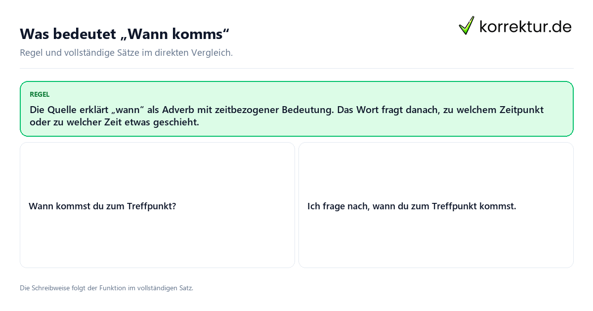 Konkrete Regel und vollständige Beispielsätze zu Was bedeutet „Wann komms“