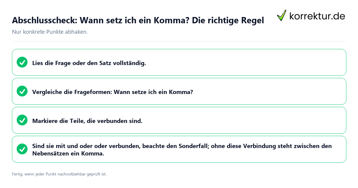 Konkreter Abschlusscheck zu Wann setz ich ein Komma? Die richtige Regel