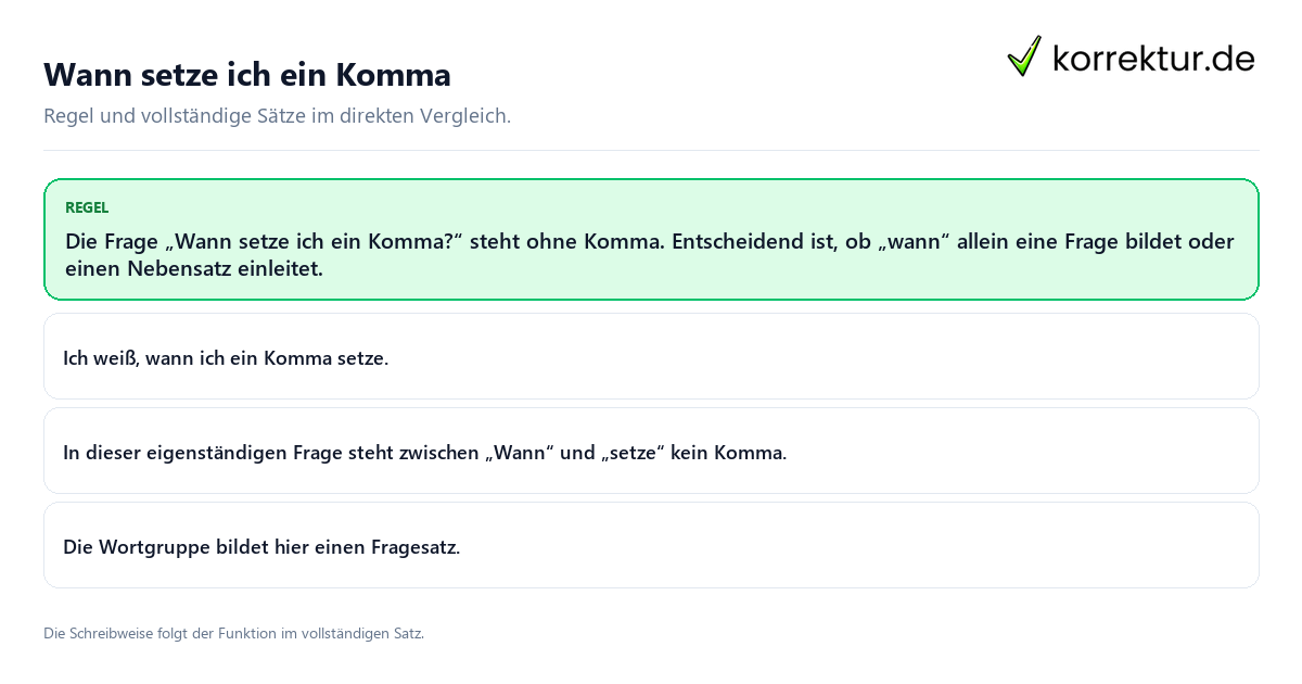 Konkrete Regel und vollständige Beispielsätze zu Wann setze ich ein Komma