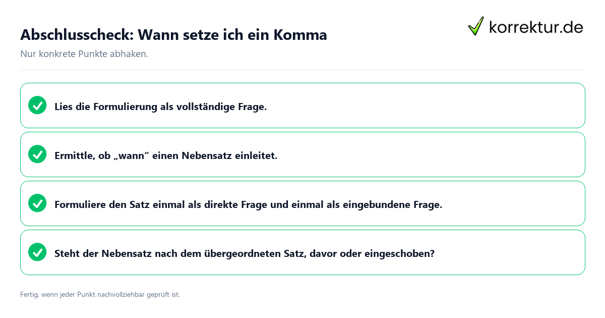 Konkreter Abschlusscheck zu Wann setze ich ein Komma