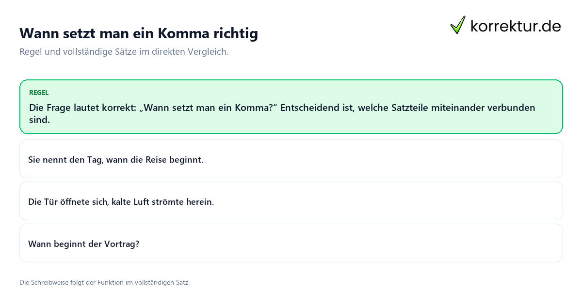 Konkrete Regel und vollständige Beispielsätze zu Wann setzt man ein Komma richtig