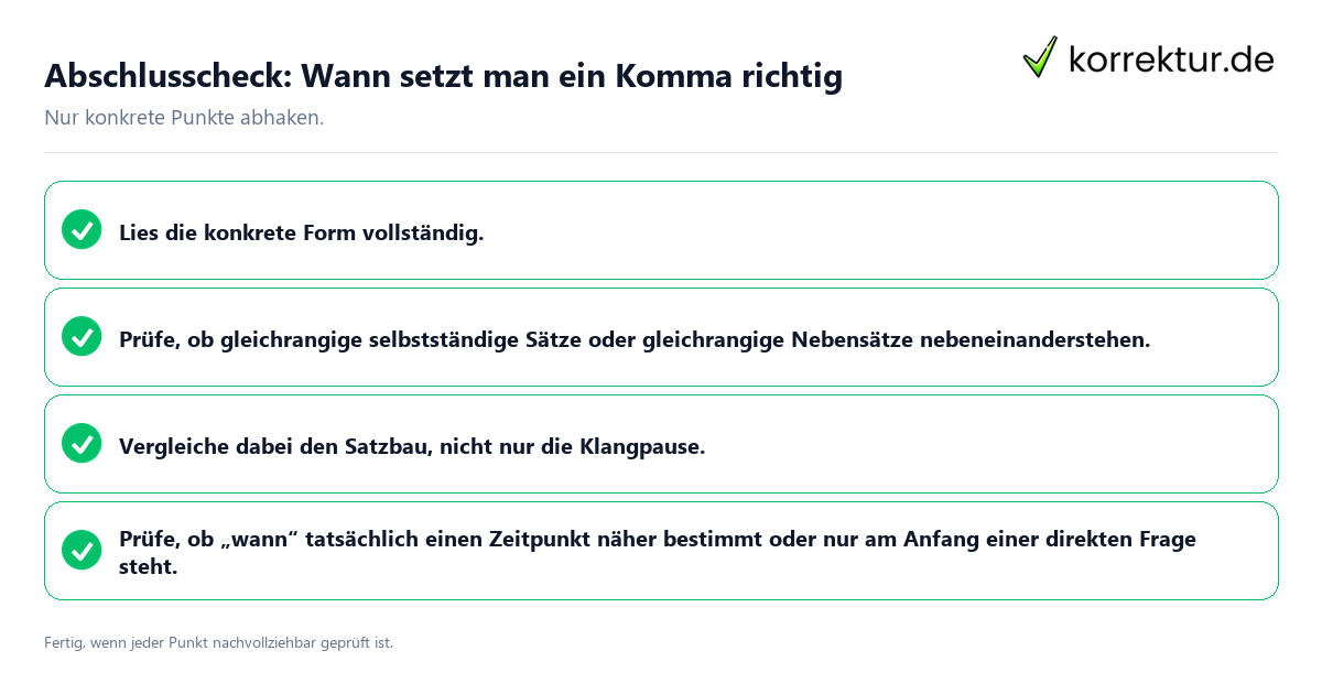 Konkreter Abschlusscheck zu Wann setzt man ein Komma richtig