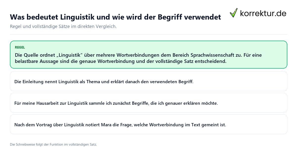 Konkrete Regel und vollständige Beispielsätze zu Was bedeutet Linguistik und wie wird der Begriff verwendet