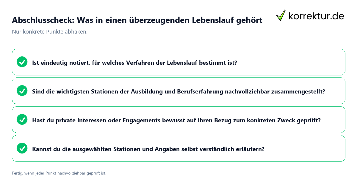 Konkreter Abschlusscheck zu Was in einen überzeugenden Lebenslauf gehört