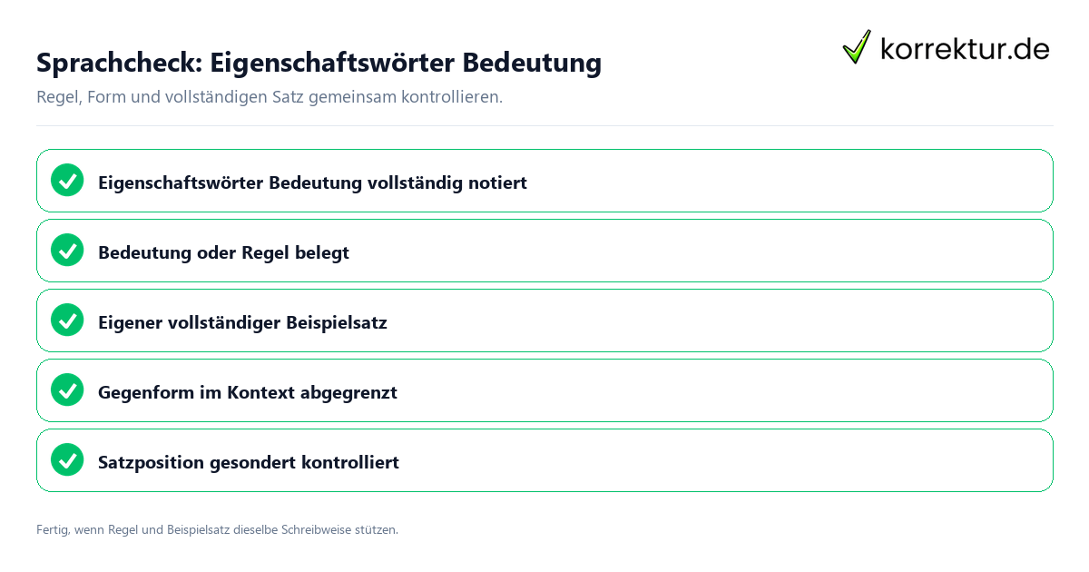 Konkreter Sprachcheck zu Eigenschaftswörter Bedeutung mit Regel und vollständigem Beispielsatz