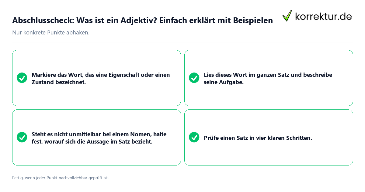 Konkreter Abschlusscheck zu Was ist ein Adjektiv? Einfach erklärt mit Beispielen