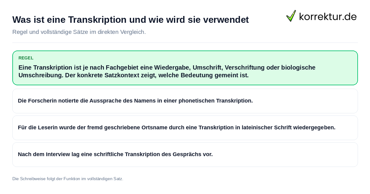 Was ist eine Transkription und wie wird sie verwendet Konkrete Regel und vollständige Beispielsätze zu Was ist eine Transkription und wie wird sie