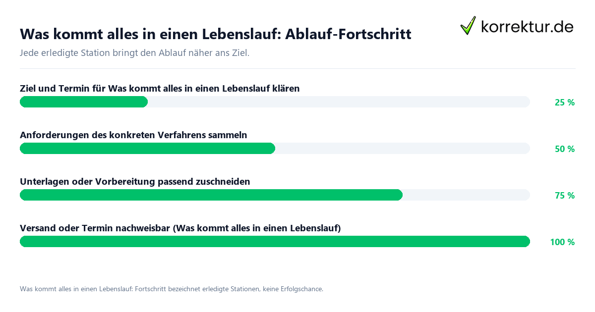 Fortschrittsbalken für die einzelnen Ablaufstationen zu Was kommt alles in einen Lebenslauf