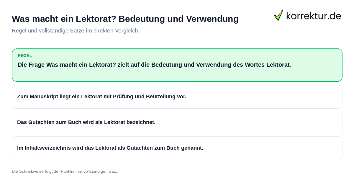 Konkrete Regel und vollständige Beispielsätze zu Was macht ein Lektorat? Bedeutung und Verwendung