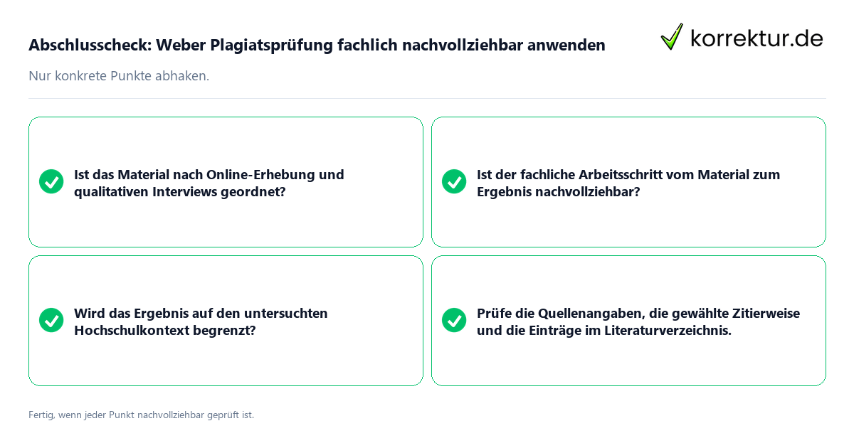Konkreter Abschlusscheck zu Weber Plagiatsprüfung fachlich nachvollziehbar anwenden