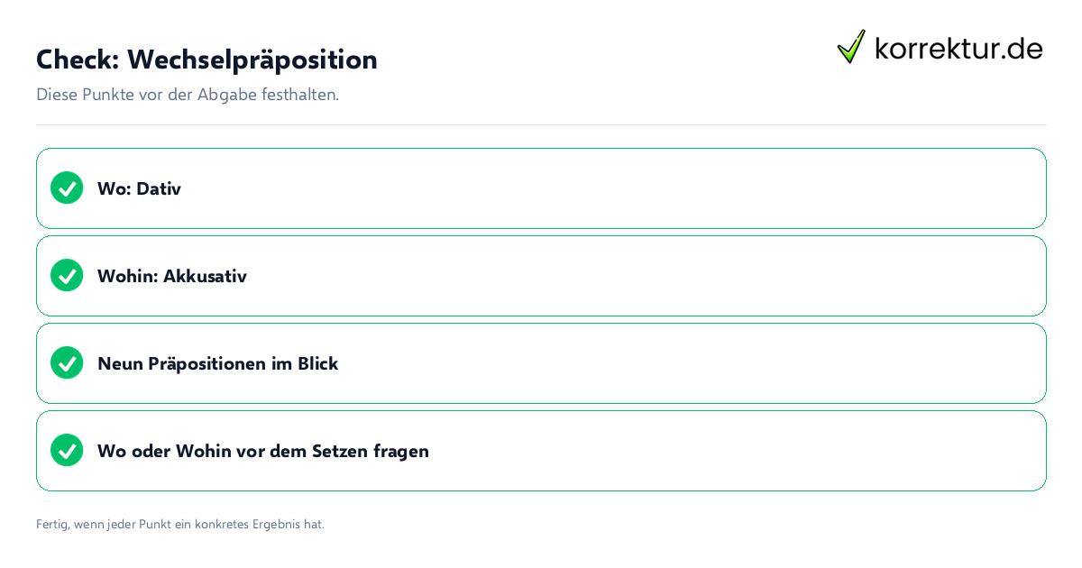 Check: Wechselpräposition Wechselpräposition: Prüfliste mit vier Punkten