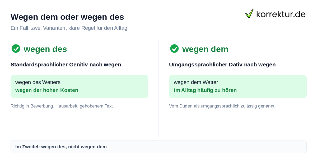 Wegen dem oder wegen des: Genitiv ist die Standardform