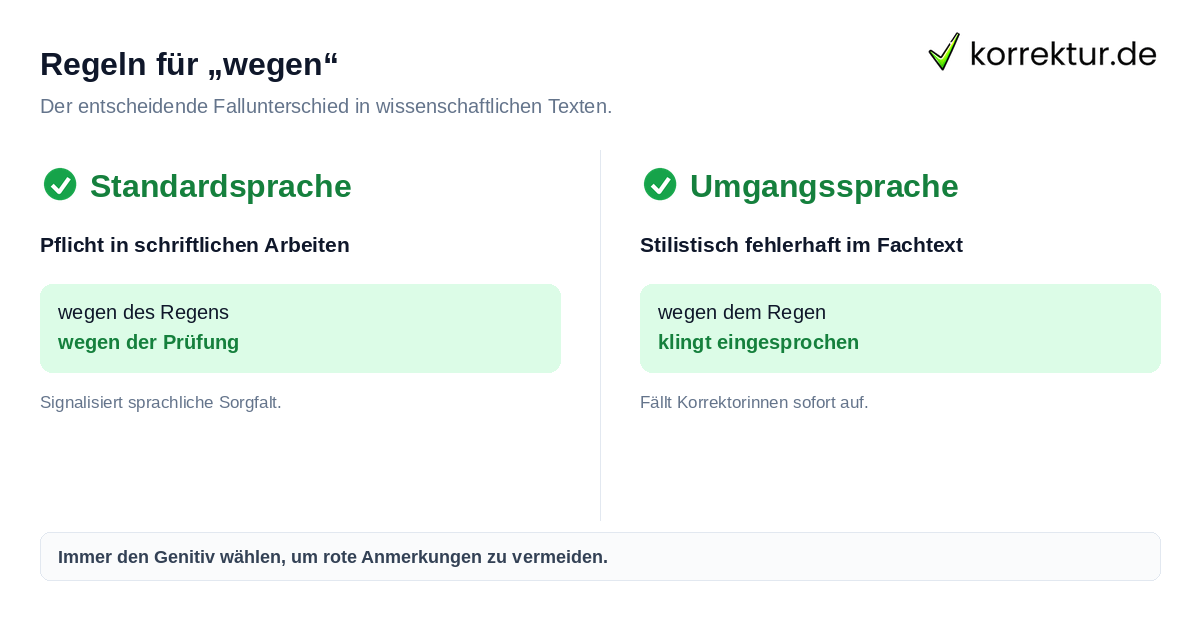 Regeln für „wegen“ Wegen mit Genitiv oder Dativ: Unterschied in der schriftsprachlichen Norm