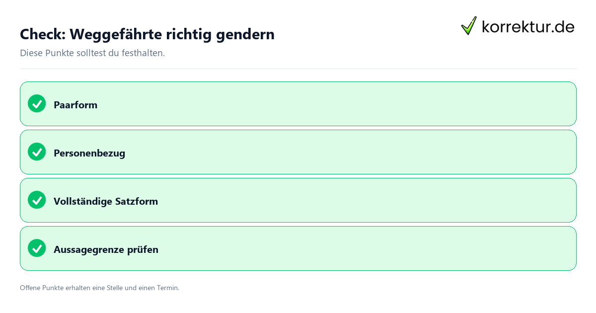 Weggefährte richtig gendern mit Checkliste für Unterlagen und nächste Schritte